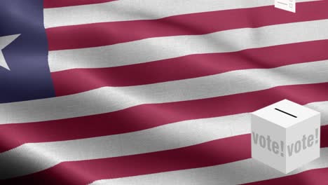 ballots fly to box for liberia selection - ballot box in front of flag - election - vote - flag of liberia - liberia flag high detail - national flag liberia wave pattern loopable elements - fabric texture and endless loop