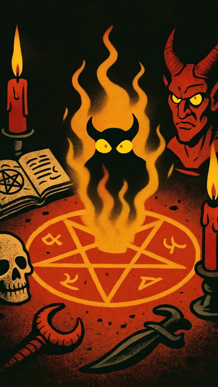 Cartoon Devil Summoning Ritual with Flaming Pentagram
