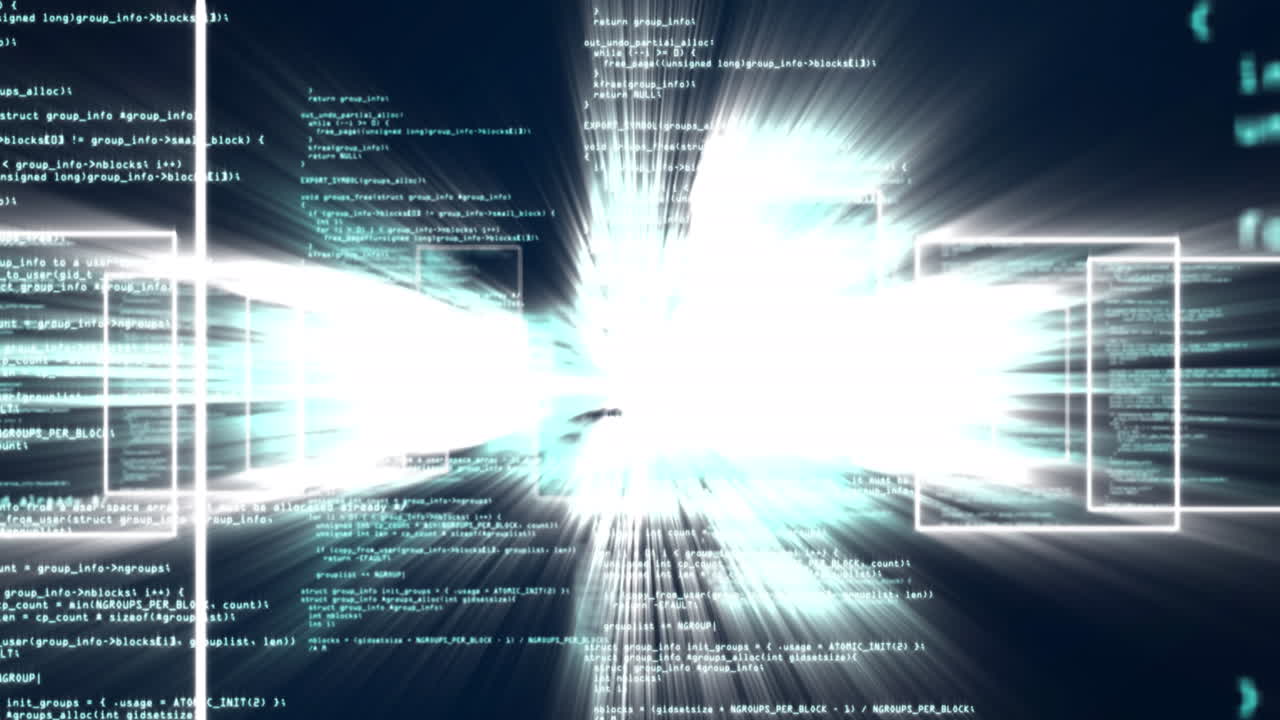 Animation of computer data processing over dark background