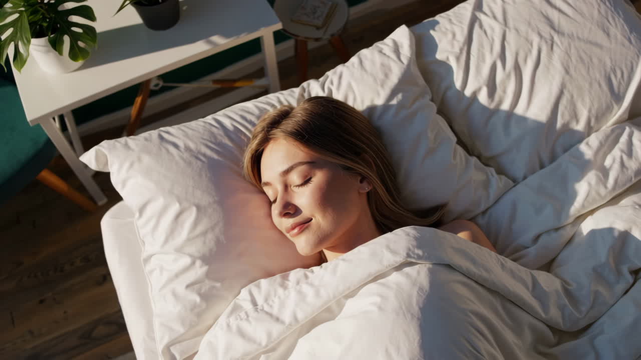 Young Woman Sleeping Peacefully in Sunny Bed