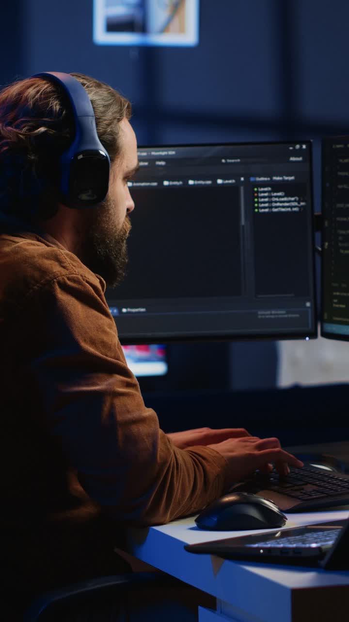 Focused Software Developer Coding on Computer at Night