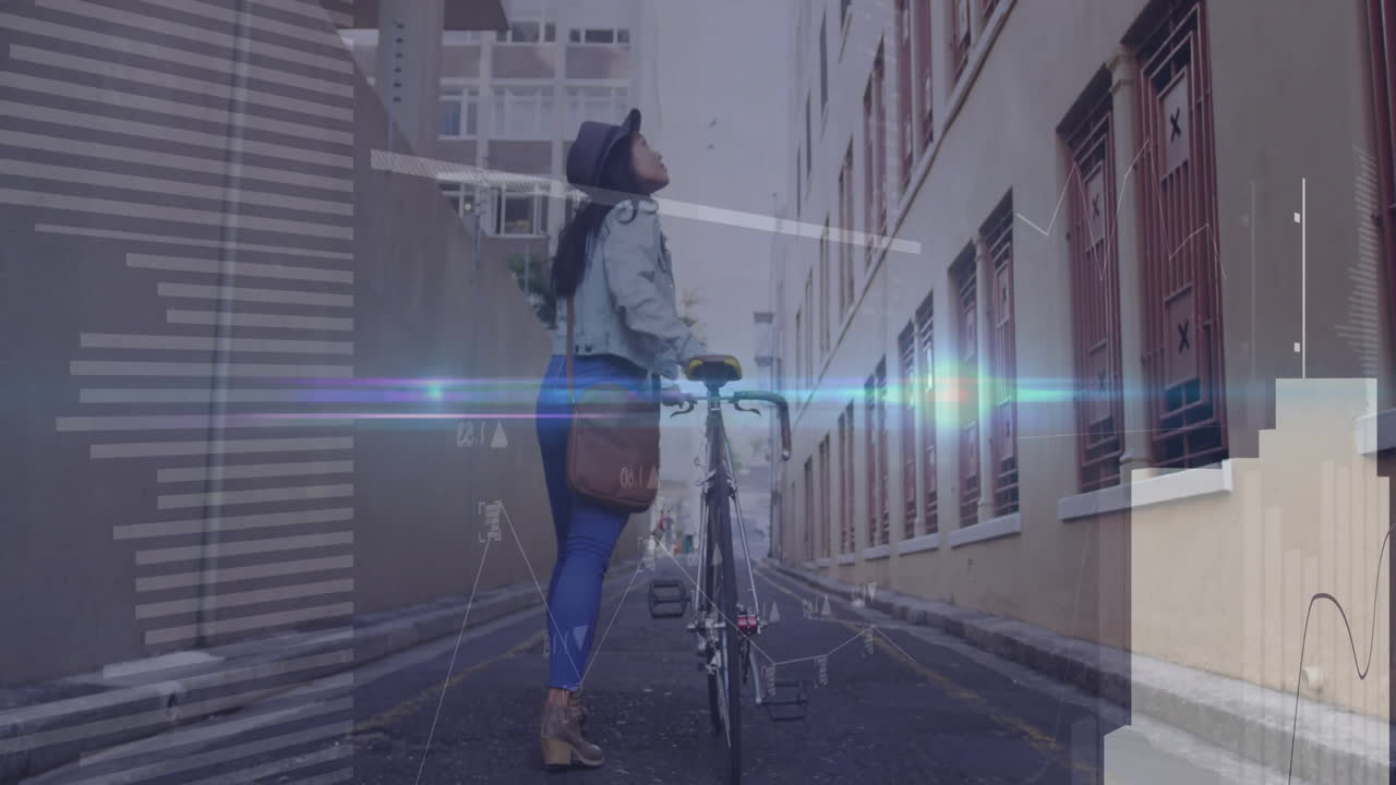 Woman with bicycle looking up in alley with digital data overlay animation