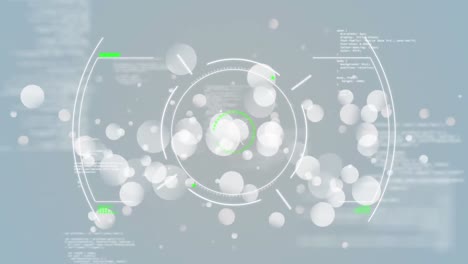 Animation-of-white-spots-over-circular-scope-scanning-and-data-processing,-on-grey