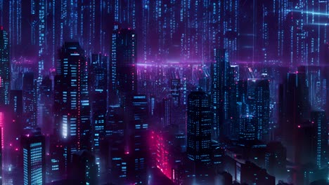 cyberpunk city at night with digital code overlay