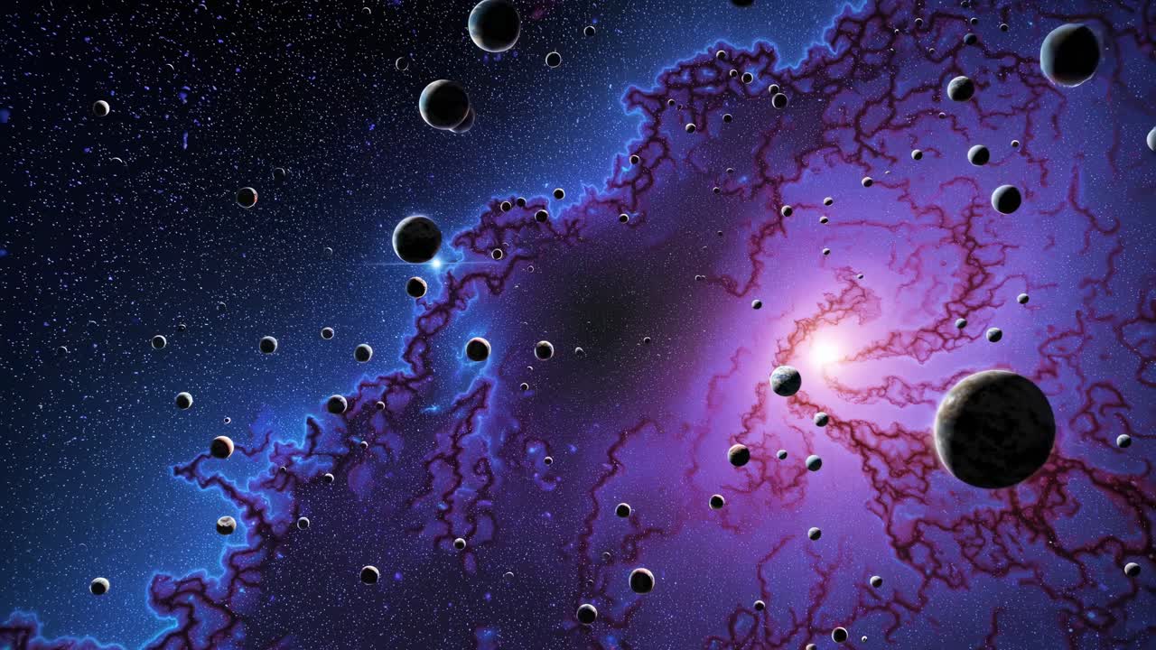 A cosmic scene with planets and a glowing nebula, captured from a wide-angle perspective