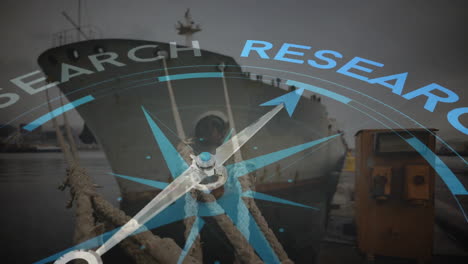 compass and research text animation over docked ship at harbor