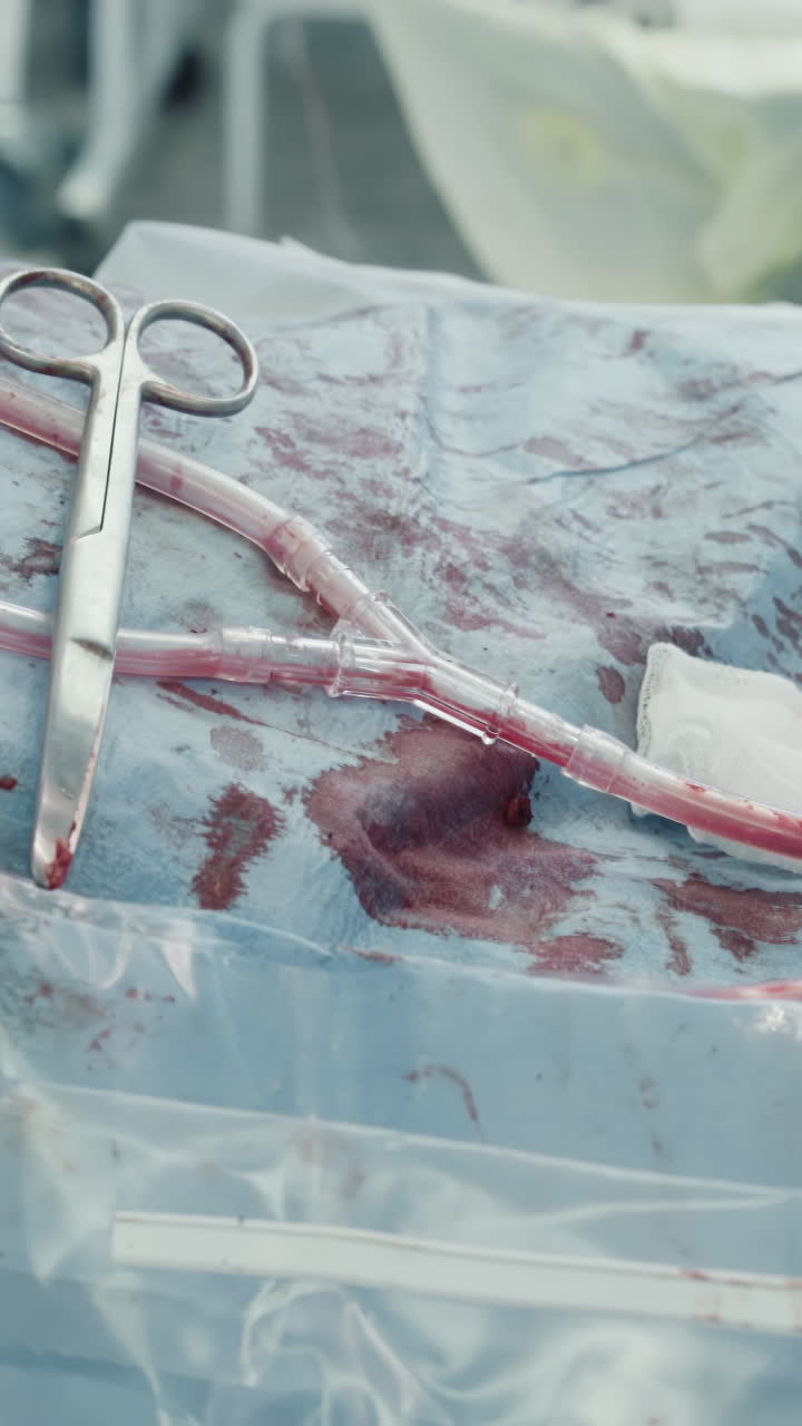 Chest tubes with blood in body. Specialized medical equipment to drain blood and remove air from cavity after surgery procedure in operating room