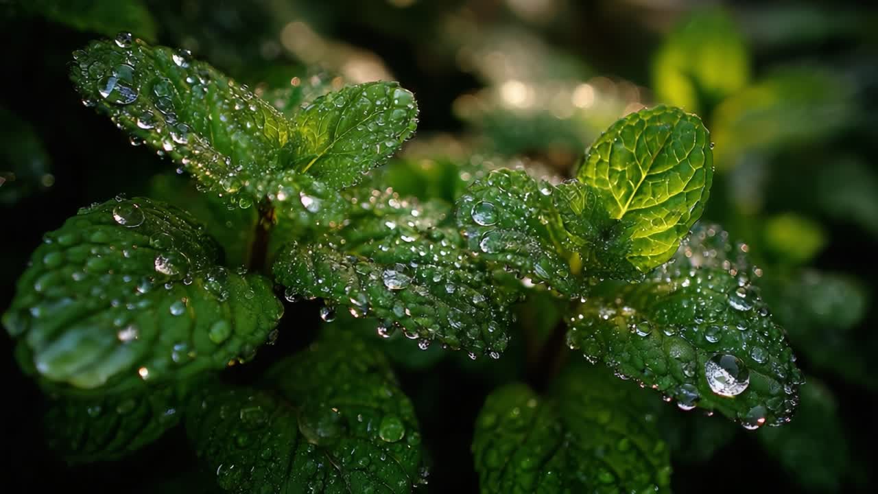 Close-Up of Fresh Mint Leaves Glistening with Morning Dew, Capturing the Essence of Nature's Beauty in a Serene and Refreshing Green Landscape