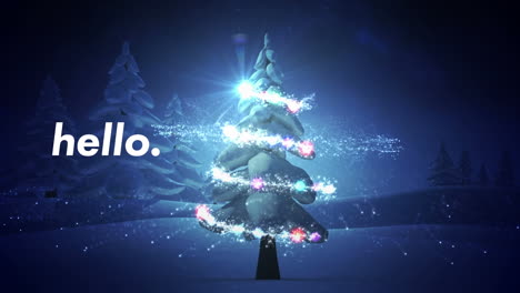 animation of hello text over christmas tree