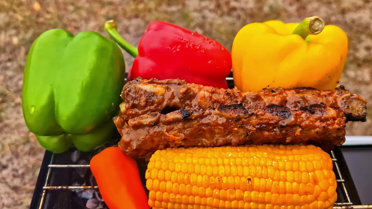 A close-up revealing shot shows delicious pork ribs, corn on the cob, and colorful bell peppers grilling over hot charcoal embers on a portable barbecue during an outdoor summer picnic or cookout