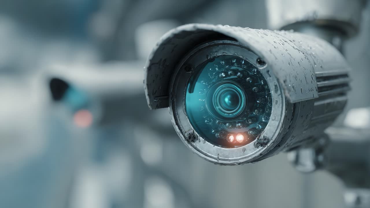Detailed Close-Up of a Rain-Drenched Surveillance Camera with Enhanced Optical Features, Showcasing Its Intricate Design and Advanced Technology Under Changing Weather Conditions