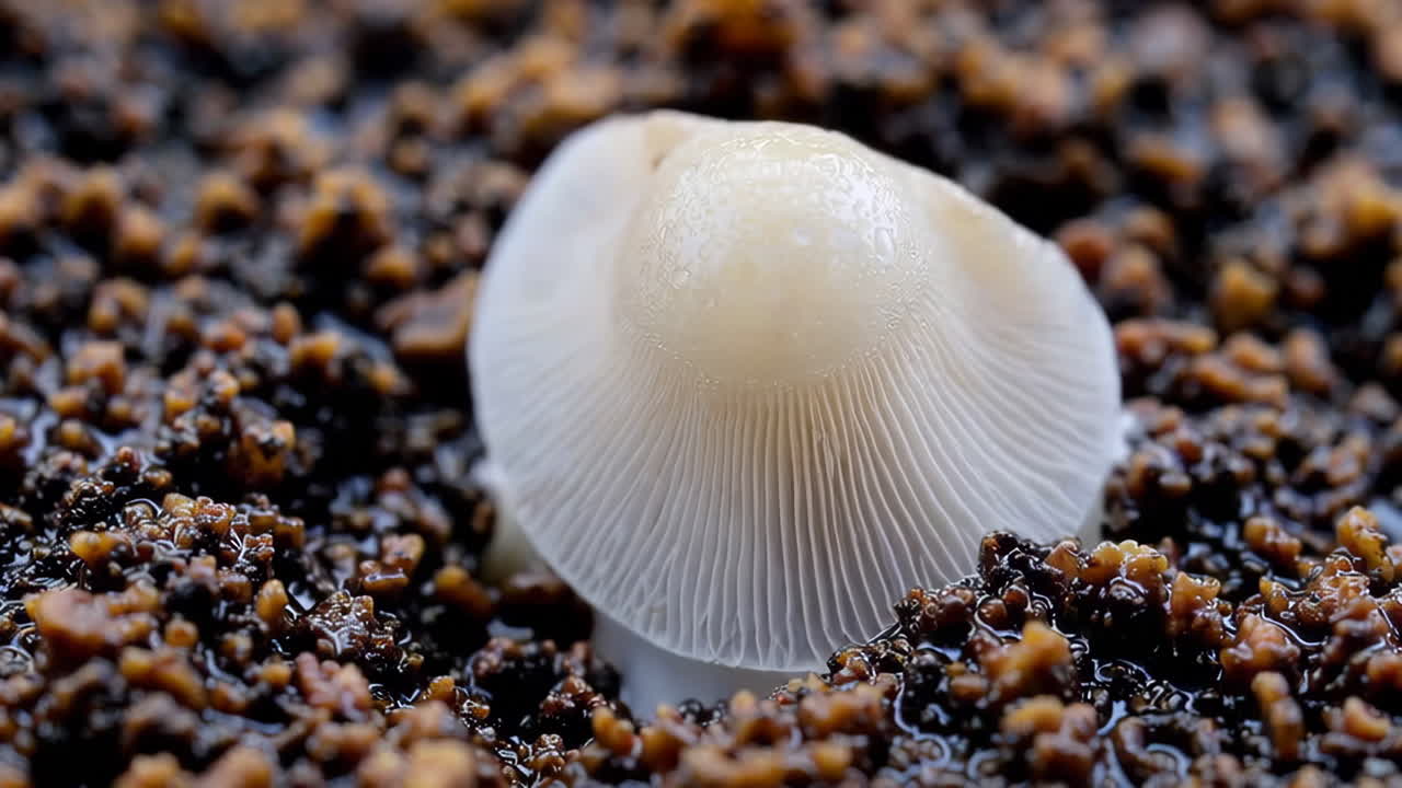 Close-up of a white mushroom emerging from dark soil