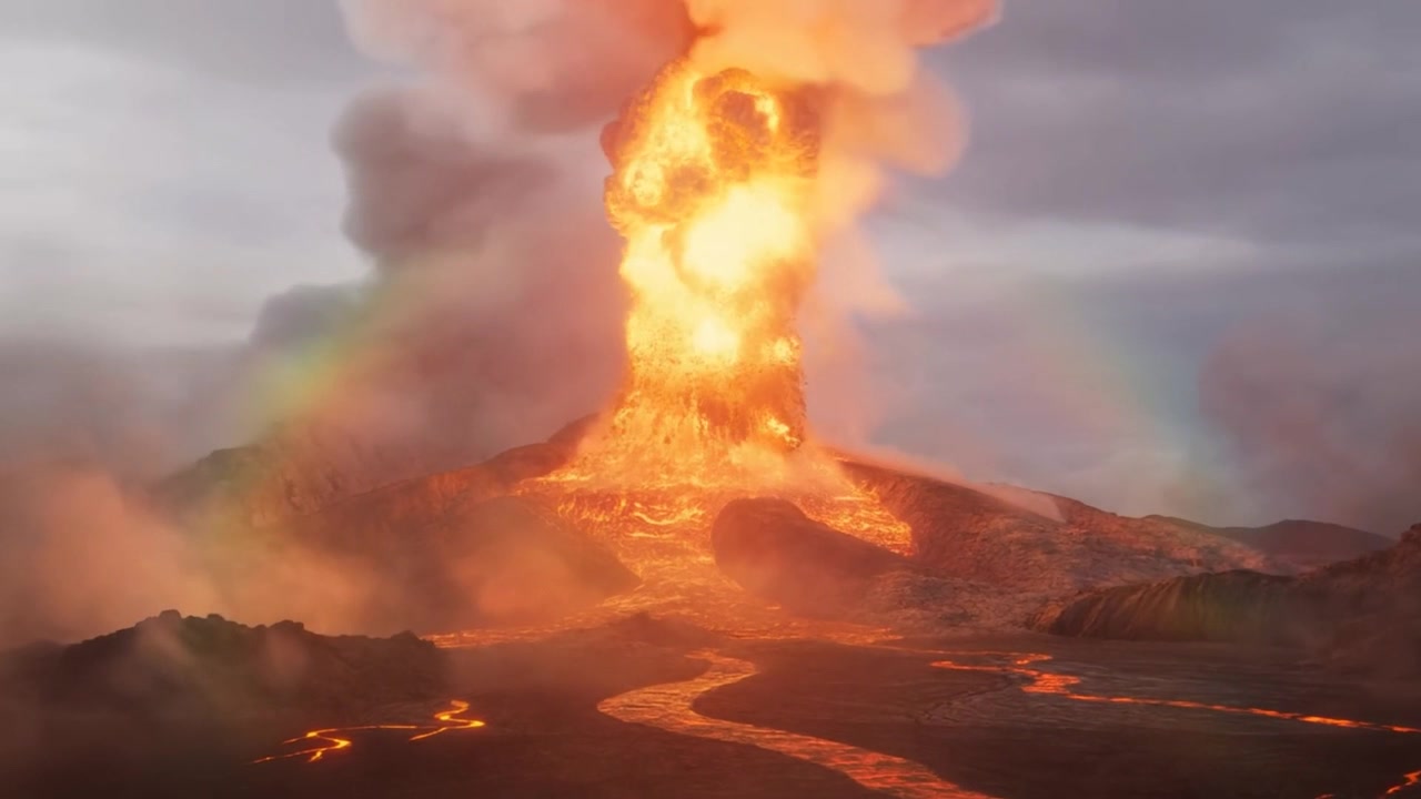 Eruptující sopečný kužel, příval magmatu napájí žhnoucí fontánu a tekoucí lávovou řeku přes pláň.