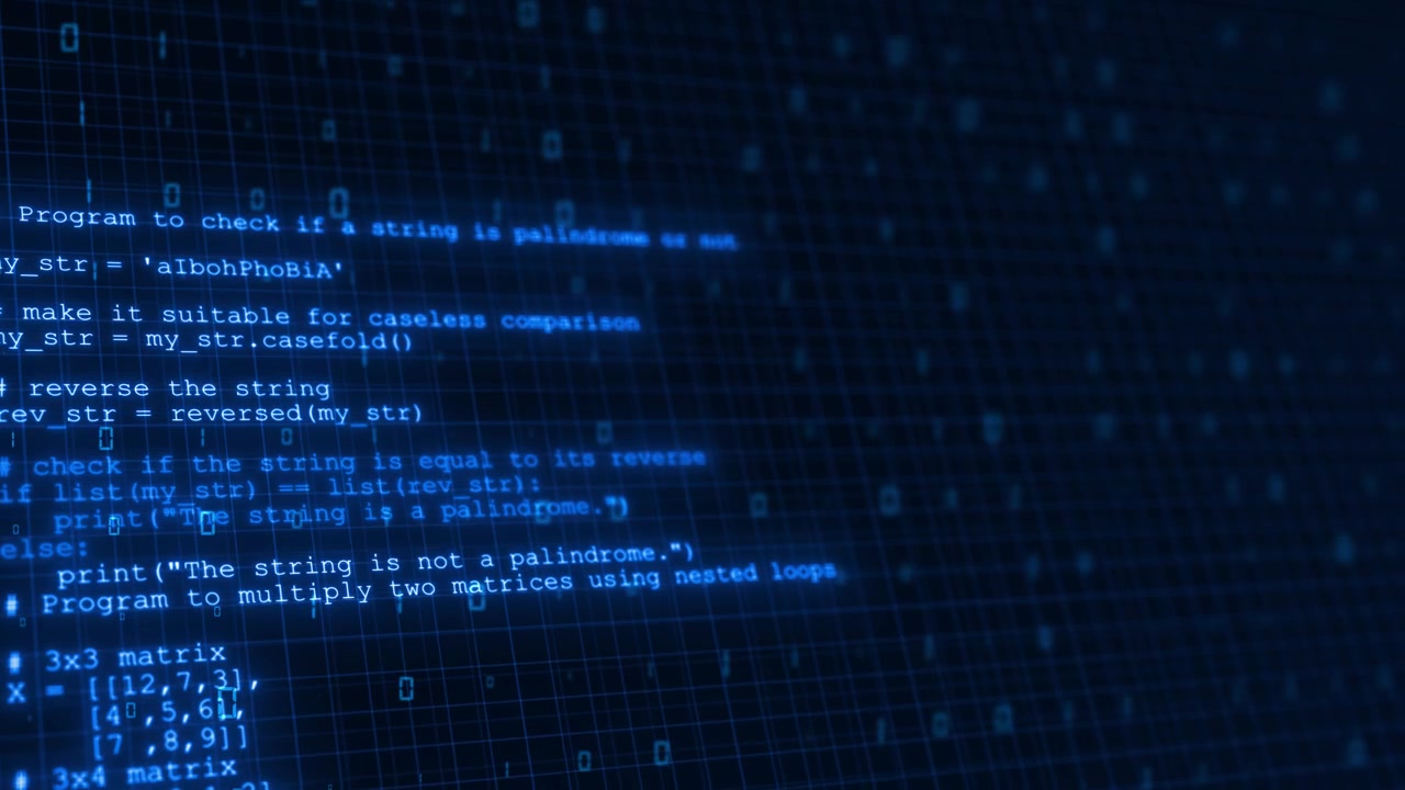 Digital code grid motion visual with blue software text blurred matrix numbers and dark technology