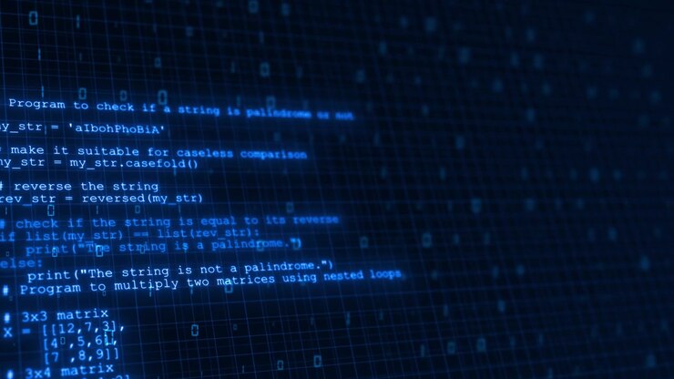 Digital code grid motion visual with blue software text blurred matrix numbers and dark technology
