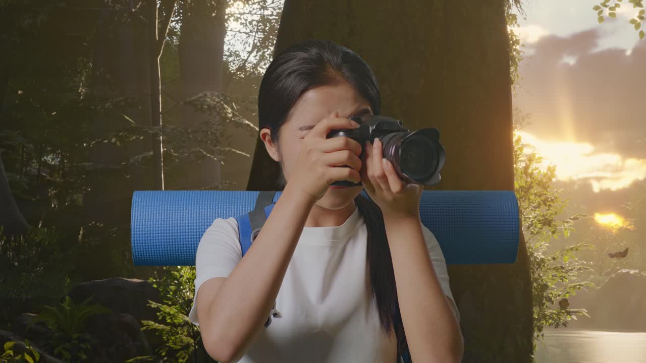 해가 지는 배경으로 숲에서 사진을 찍는 여자.
