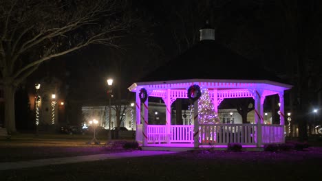 a wooden shed decorated with wreath and string lights during christmas season