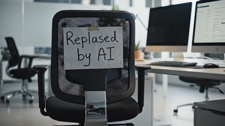 Empty office chair with a handwritten Replaced by AI sign