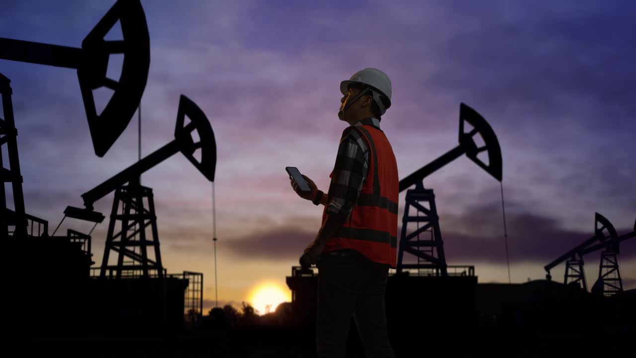 vista trasera de un ingeniero masculino asiático con casco de seguridad mirando el plano de la turbina eólica en su teléfono inteligente mientras está de pie frente a las bombas de petróleo, durante la puesta o salida del sol
