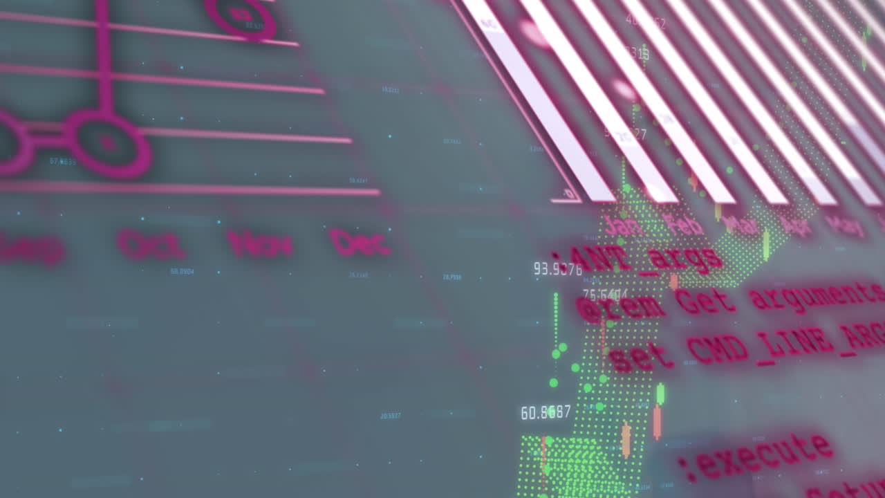 Animation of financial data processing over diverse business people high fiving in background