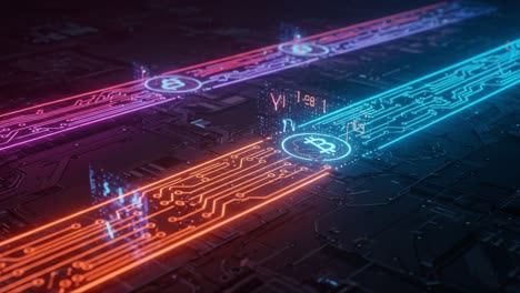 visual representation of cryptocurrency transactions flowing through a digital network with neon lines indicating data transfer and bitcoin symbols