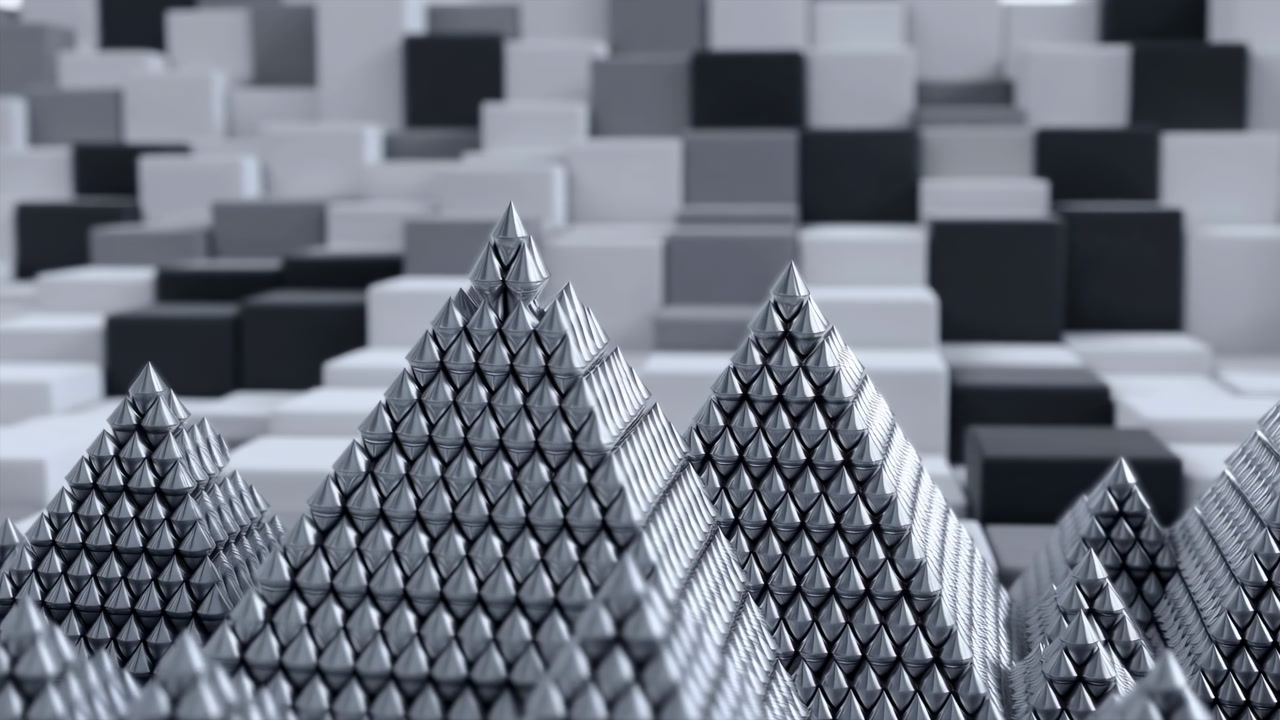 Metallic Pyramid Structures Cube Grid, Monochrome Tessellated Pyramids Before Staggered Cube Skyline,