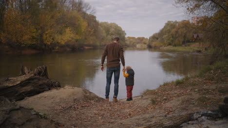 family trip in woodland father and little boy are resting on coast of forest lake standing together and holding hands rear view happy childhood with dad