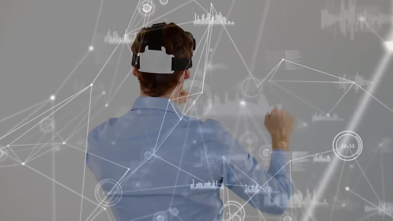 vr 헤드 ⁇ 을 착용한 백인 사업가에 대한 연결 네트워크의 애니메이션