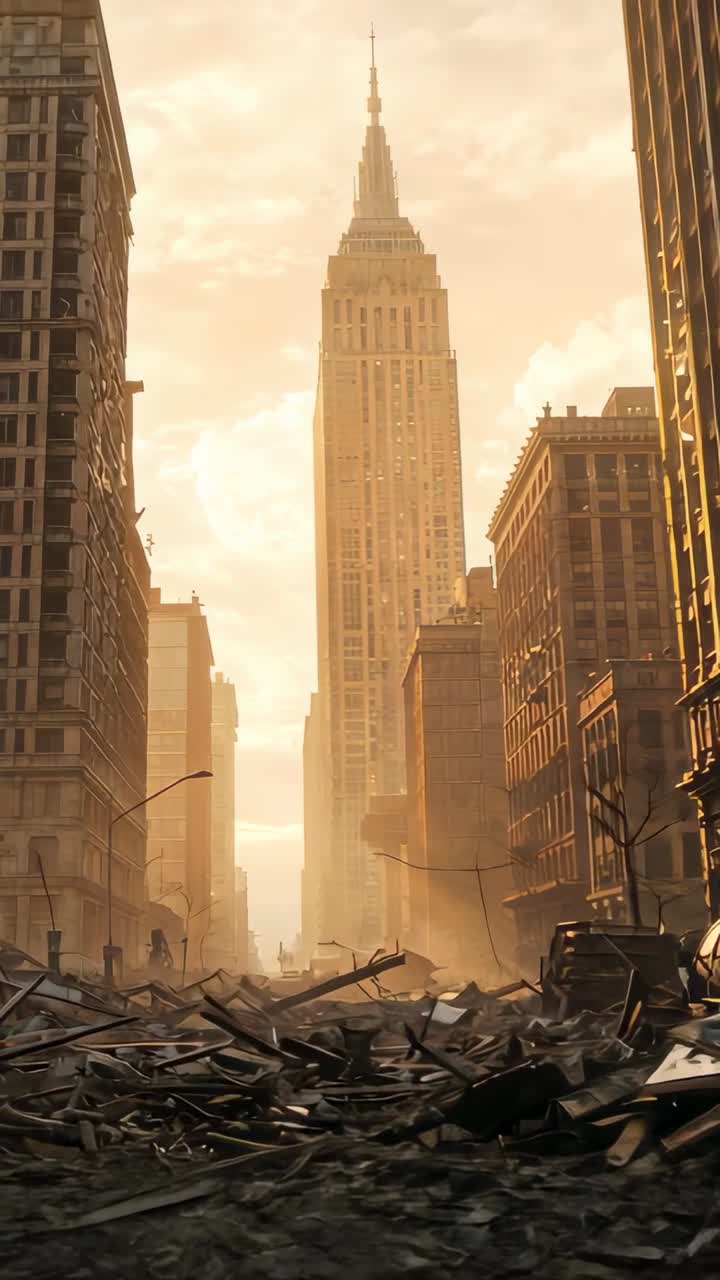 Vertical video: Sun rising shifting shadows across street past wrecked car to Empire State Building
