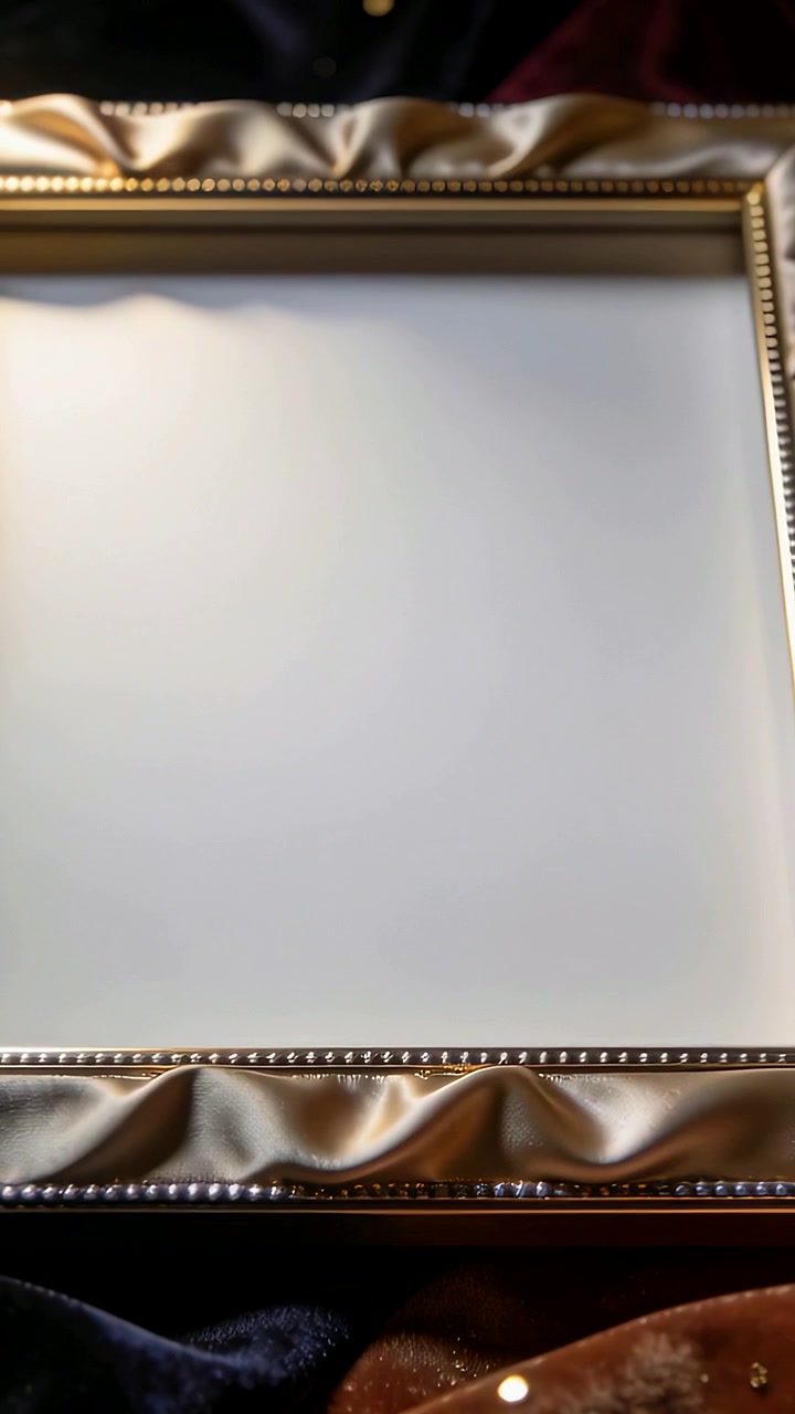 Video verticale: Luce mutevole e telecamera in movimento che creano una cornice dorata con un retro bianco su un panno blu navy.