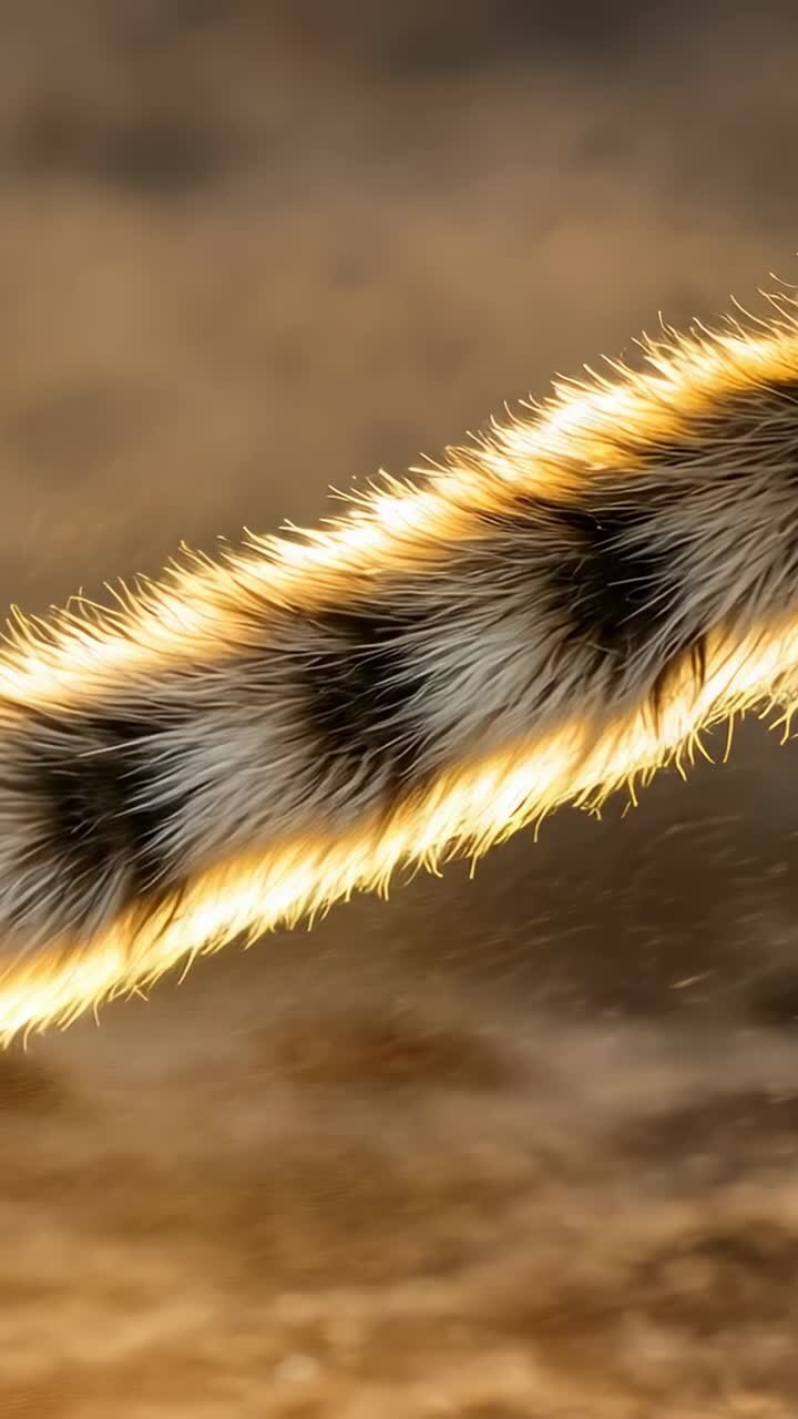 Video verticale: coda a strisce ondeggiante che scivola in diagonale su un terreno soleggiato dopo una brezza, polvere
