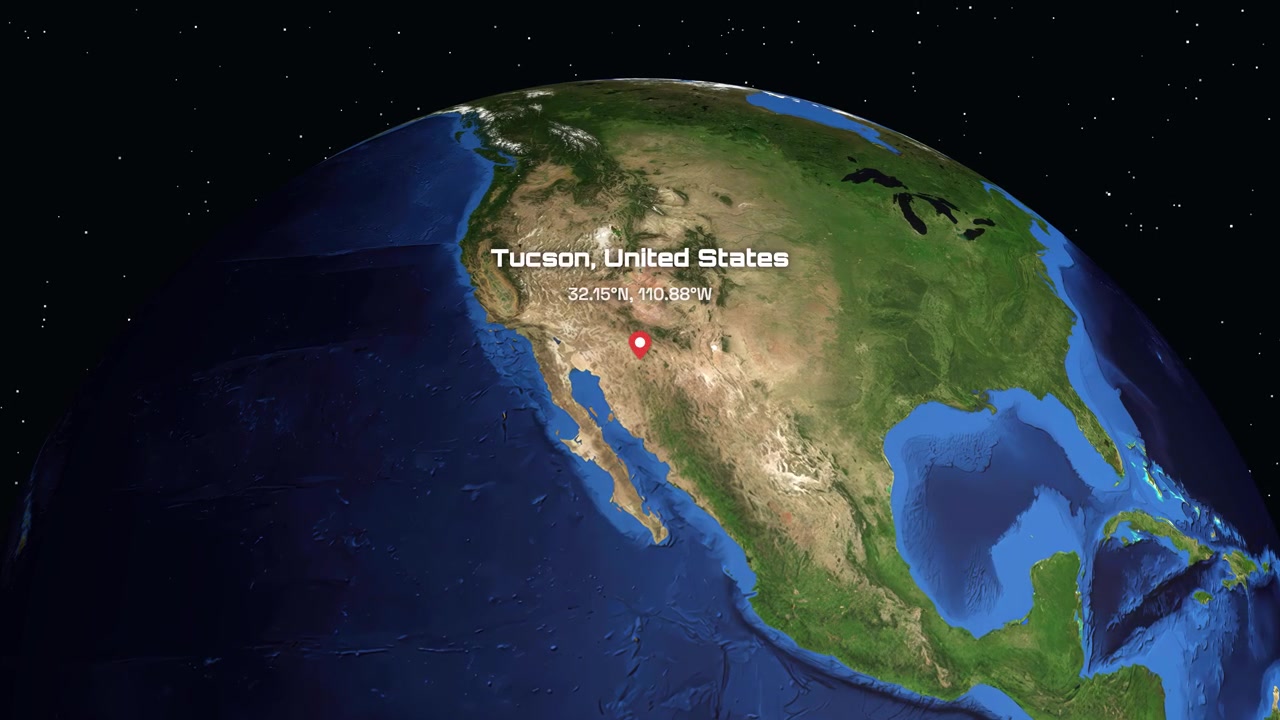 Vista de satélite aproxima-se do espaço profundo para a América do Norte, localizando Tucson, Arizona, com coordenadas.