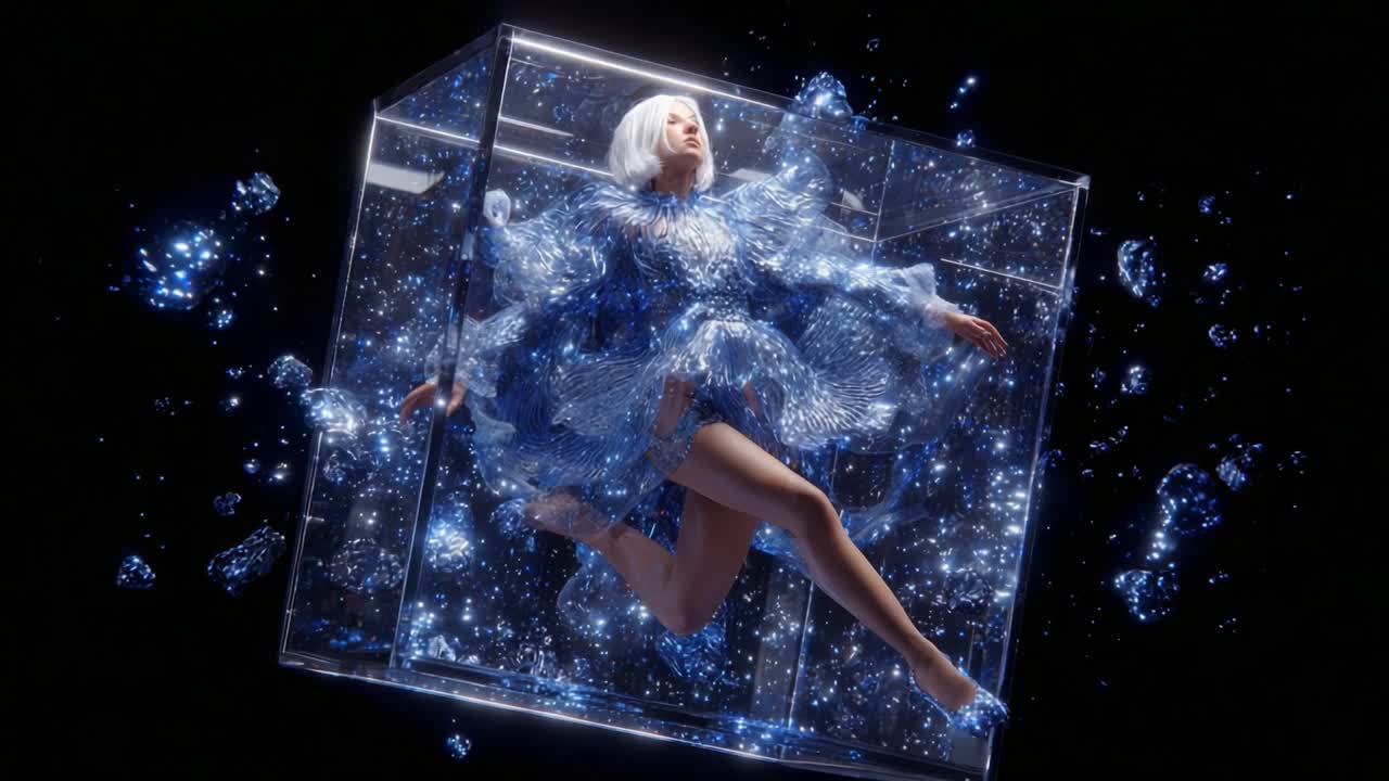 A mesmerizing portrayal of a figure suspended in a translucent cube, adorned in sparkling blue attire, surrounded by magical, shimmering bubbles of light, creating an ethereal atmosphere
