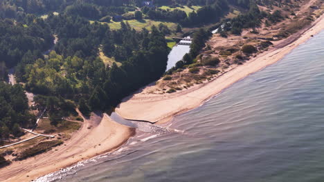 aerial view of uzava river flows into the sea near uzavas ieteka in latvia.