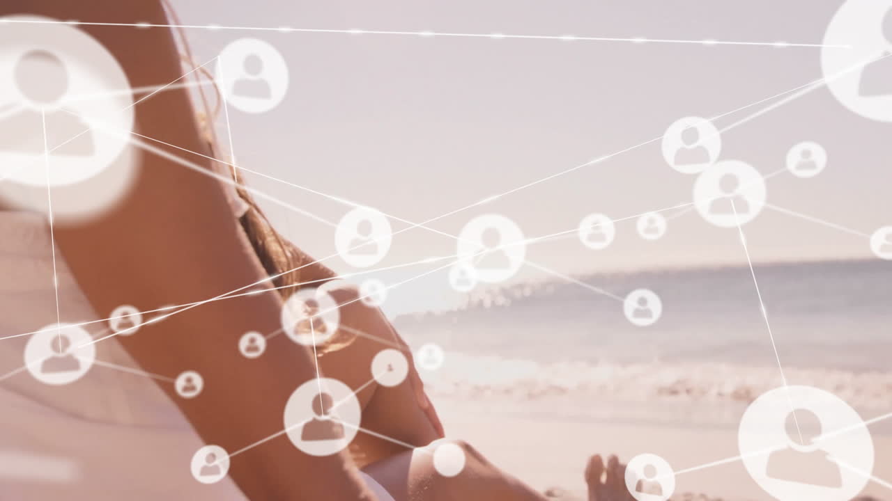 Relaxing on beach, person with network of connections animation above head