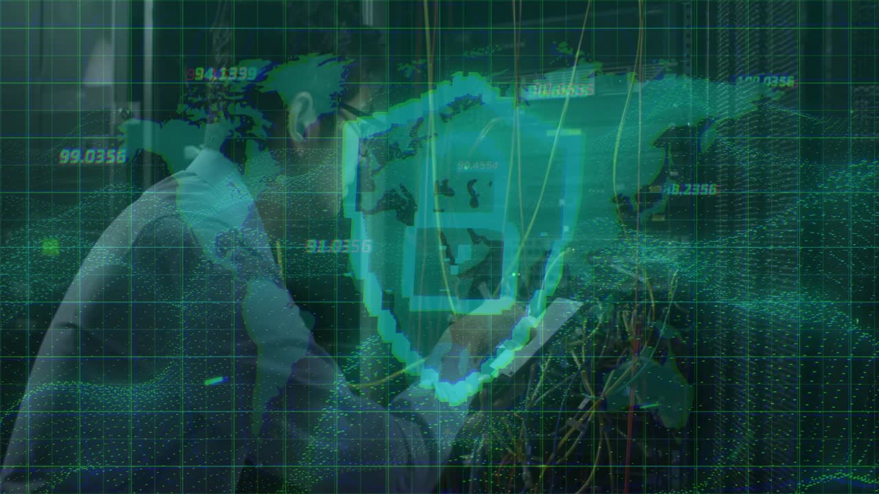 IT technician tapping tablet, initiating data flows converging on pulsing shield verifying security