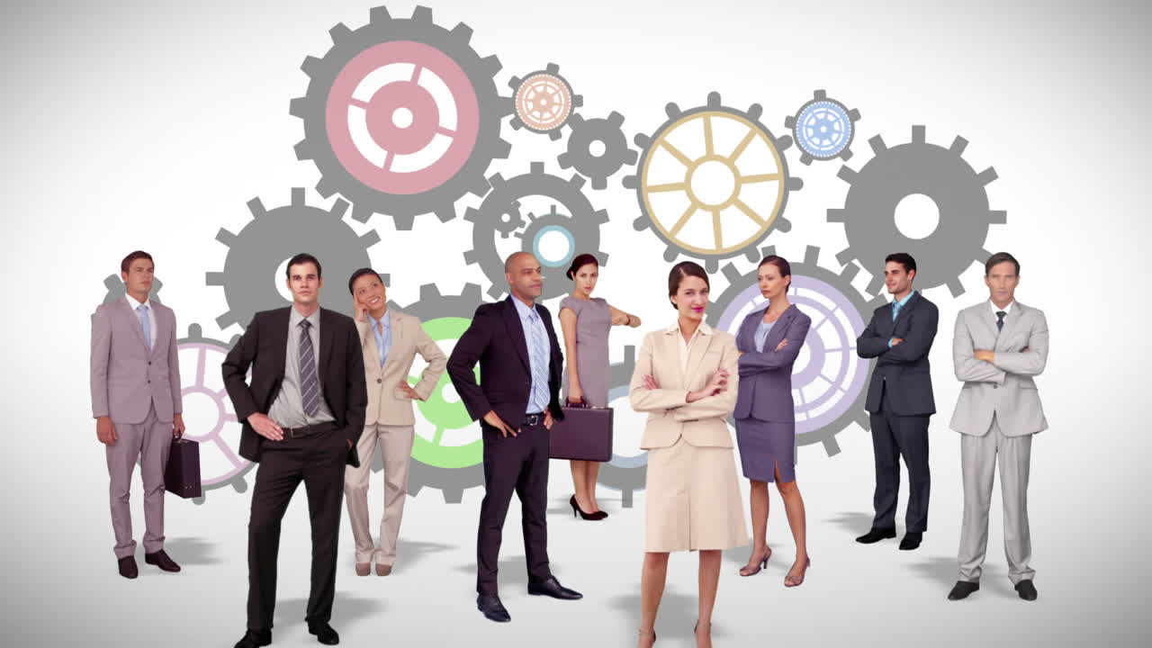 equipo de negocios de pie contra la animación de engranajes