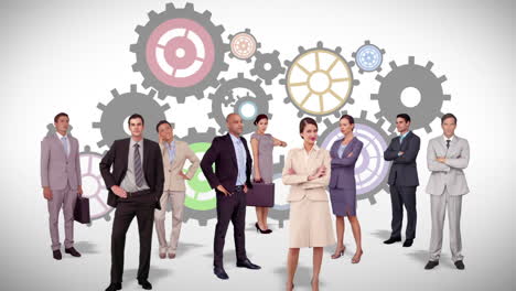 equipo de negocios de pie contra la animación de engranajes