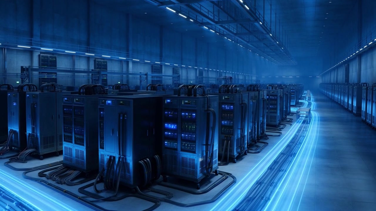 Modern Data Center Server Room with Glowing Blue Fiber Optic Cables