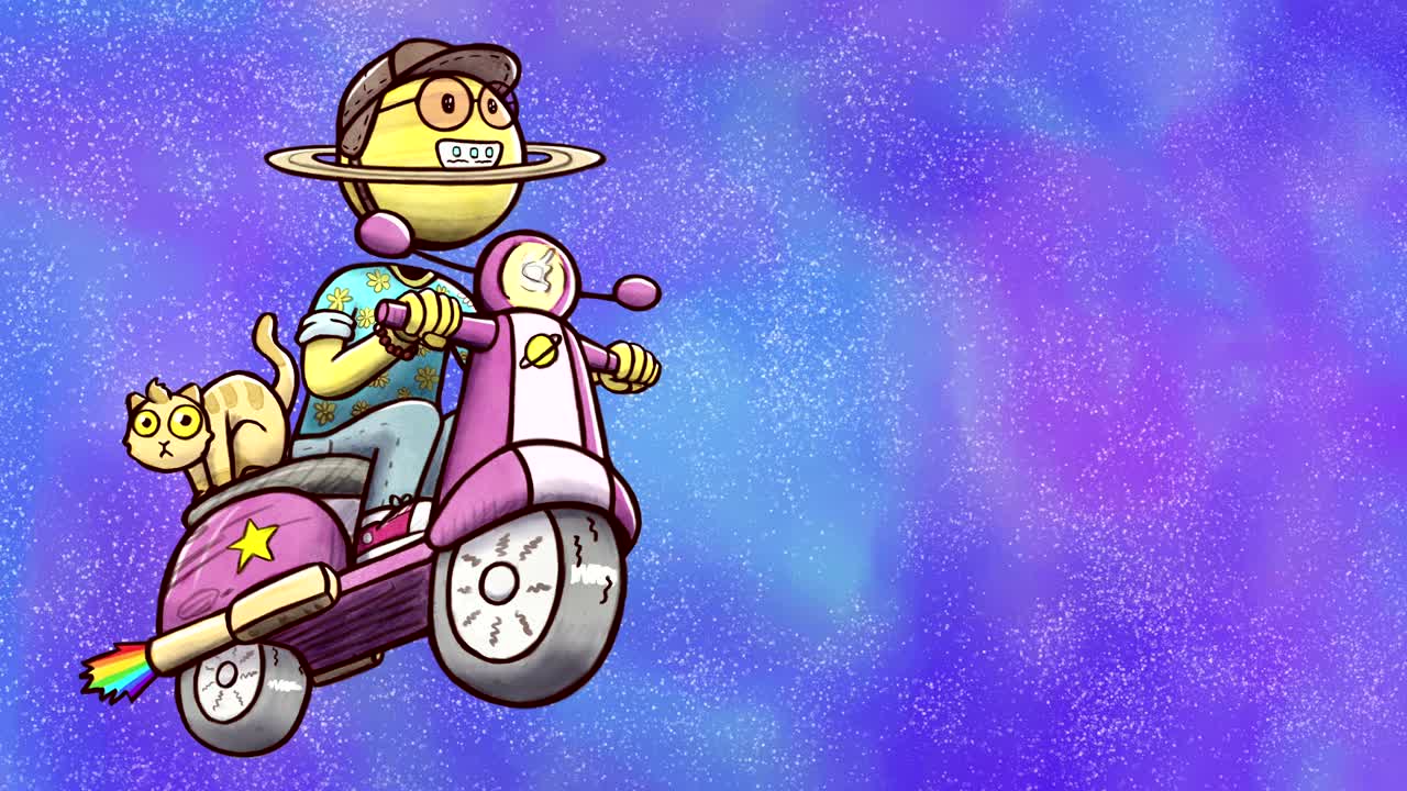 animación del personaje de saturno conduciendo un scooter en el espacio exterior