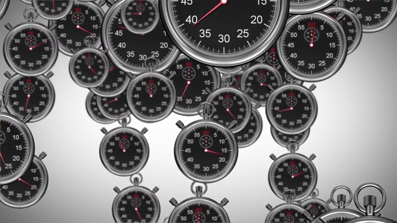 animación de relojes de segundos flotantes sobre un fondo gris