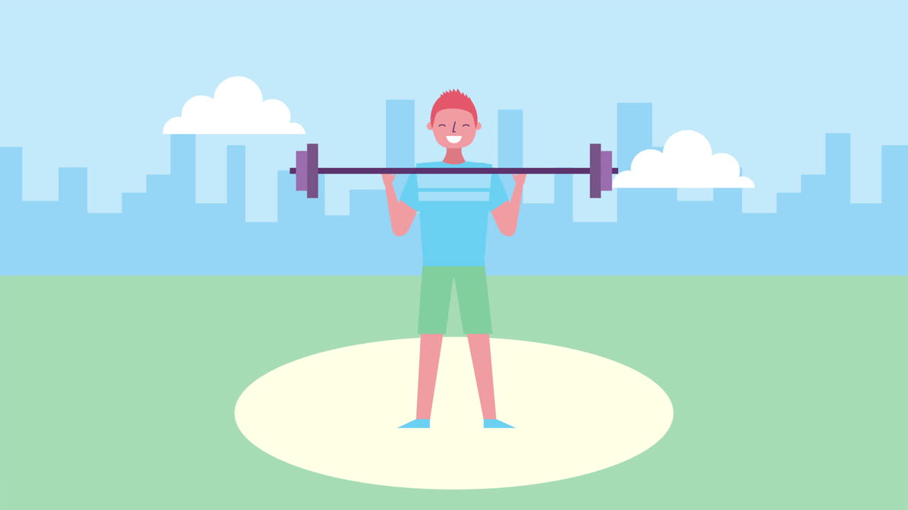 젊은이가 무게를 들어 올리는 캐릭터