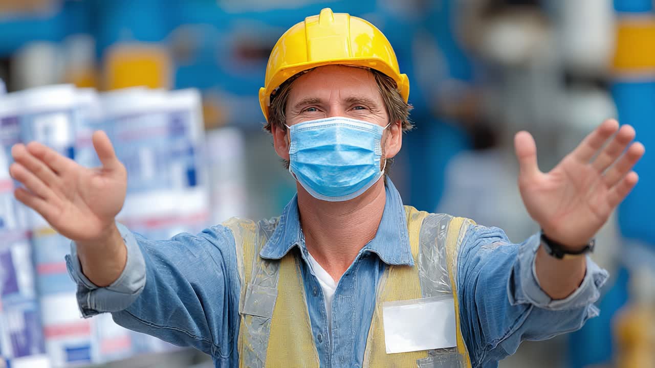A construction worker wearing a hard hat and mask poses for the camera, exemplifying safety and professionalism in the workplace amidst stacked supplies in the background