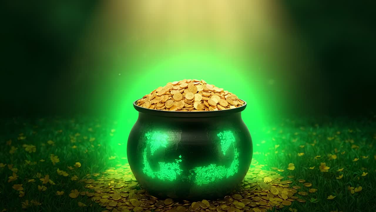 Un haz de luz intensificándose, un caldero de hierro negro mostrando manchas verdes luminosas sobre la hierba, y monedas de oro destellando.