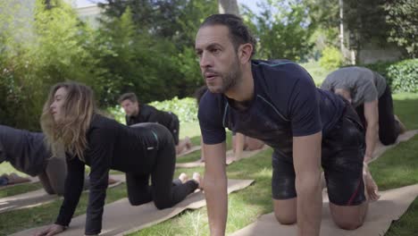 people kneeling and practicing yoga in park