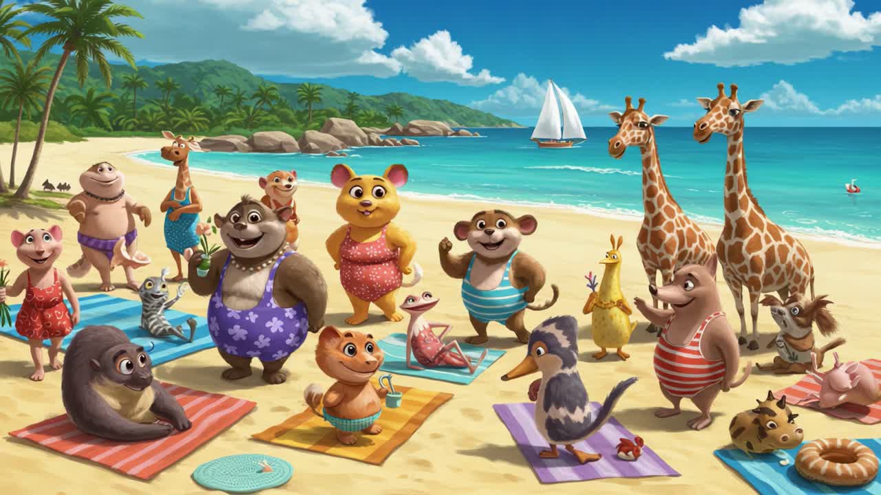 A Fun-Filled Beach Day with Adorable Animated Animals in Colorful Swimwear, Relaxing on Sun-Soaked Sand by the Ocean with Tropical Landscapes and Playful Scenes