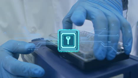 Laboratory technician adjusting multiwell plate in research lab, showing holographic key interface