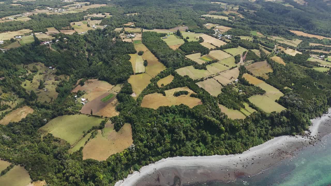 Aerial view of Lemuy Island coastline showing cultivated fields, forests and Pacific Ocean in Chiloe Archipelago, Chile