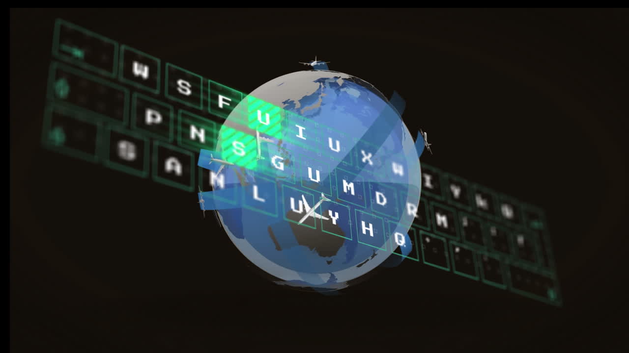 Animation of illuminated pattern moving on keyboard over airplane moving around globe