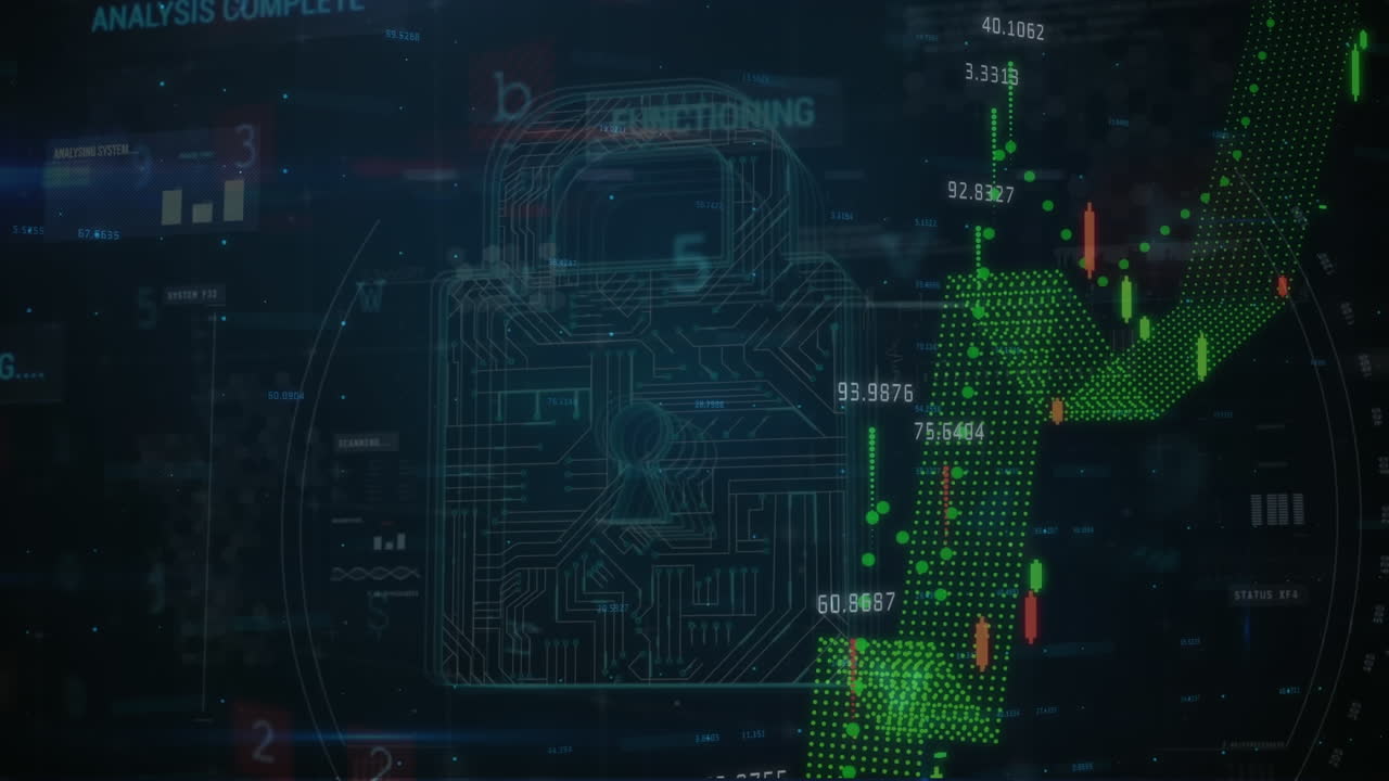 Animation of online security padlock, statistics and financial data processing